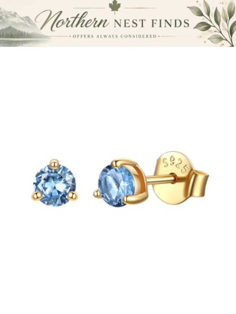 Sterling Silver Birthstone Stud Earrings 3-Prong Set Hypoallergenic